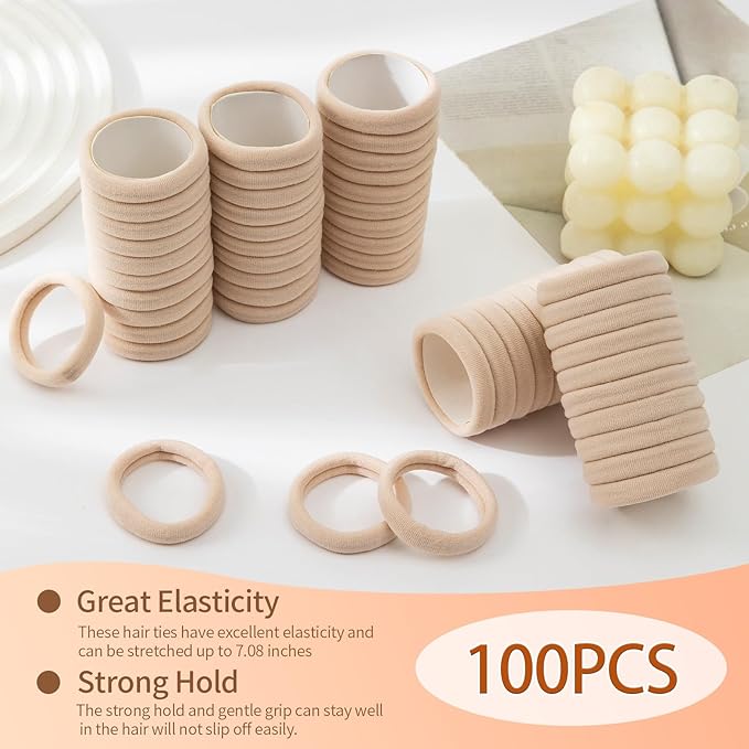 Bessrung 100 PCS Seamless Nylon Hair Ties, No Damage Elastics Hair Ties for Women Girls, Soft Stretchy Ponytail Holders for Thin Thick Hair, Snag-Free Hair Bands Valentine's Day Gift(Beige Color)
