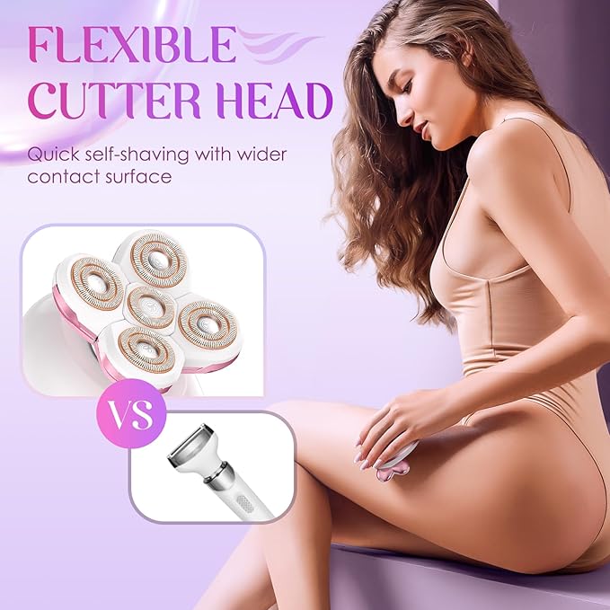 Electric Razors for Women Legs - Painless Body Shavers for Sensitive Skin - 5 in 1 Cordless Lady Trimmer for Women's Leg, Bikini and Face - Waterproof Wet/Dry Remover, Rechargeable, Cherry