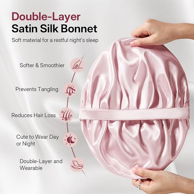 LitBear Silk Bonnet for Sleeping Women, Adjustable Double Layer Satin Silk Hair Bonnet with Scrunchies for Curly Natural Hair