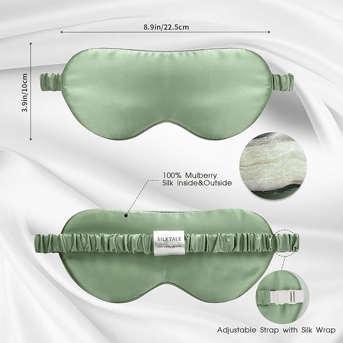 SILKTALE 100% Mulberry Silk Eye Mask for Sleeping with Silk Wrapped Adjustable Strap,Sage Green