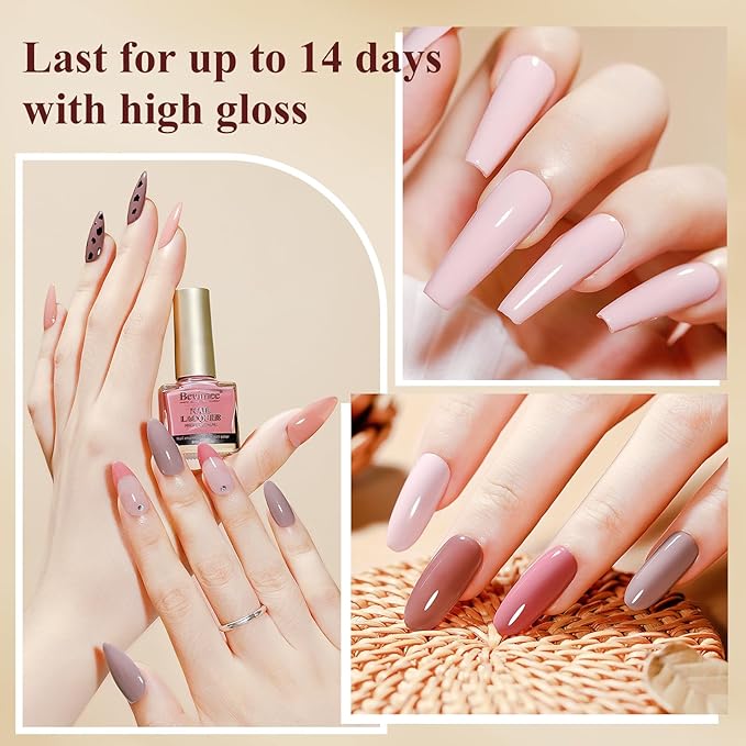 Quick Dry Nail Polish Set 6 Colors Vegan Nail Lacquer Pink Nude Dark Brown Air Dry Glitter Fingernail Polish Neutral Color Non Gel DIY Salon Valentine's Day Gift for Women