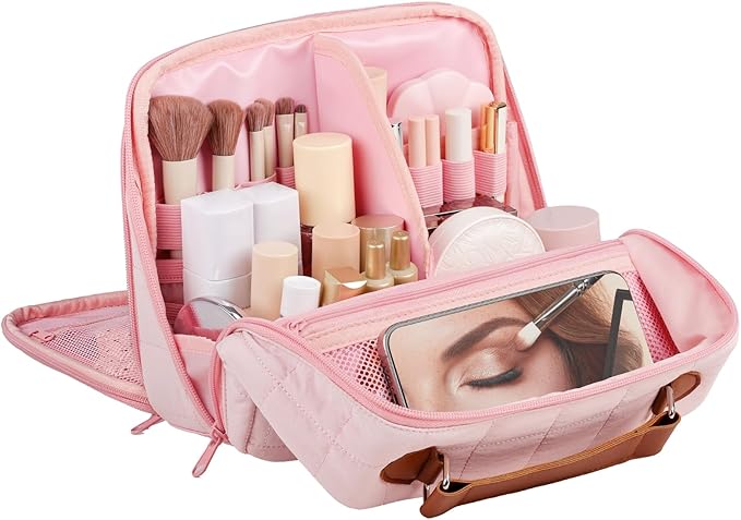 MOKURA Travel Makeup Bag for Women, Large Capacity Standing Make up Pouch, Quilted Waterproof Cosmetic Organizer with Jewelry Compartments, Portable Toiletry Case, Gifts for Women, Pink