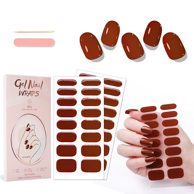 WOKOTO 2 Sheets Semi Cured Gel Nail Strips (Brown)-16 Pcs Per Sheet Gel Nail Stickers | Gel Nail Wraps | Uv Light Required, Salon Quality, Real Nail Polish Strips Stick On Nails Kit With Nail File