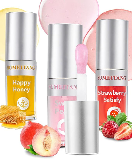 3Pcs Hydrating Lip Oil Set，Non-sticky Lip Oils Gloss Lip Balm Lip Care，Deeply Nourishing and Repairing Prevents Lips Chapped and Lighten Lip Lines(Honey，Peach，Strawberry)