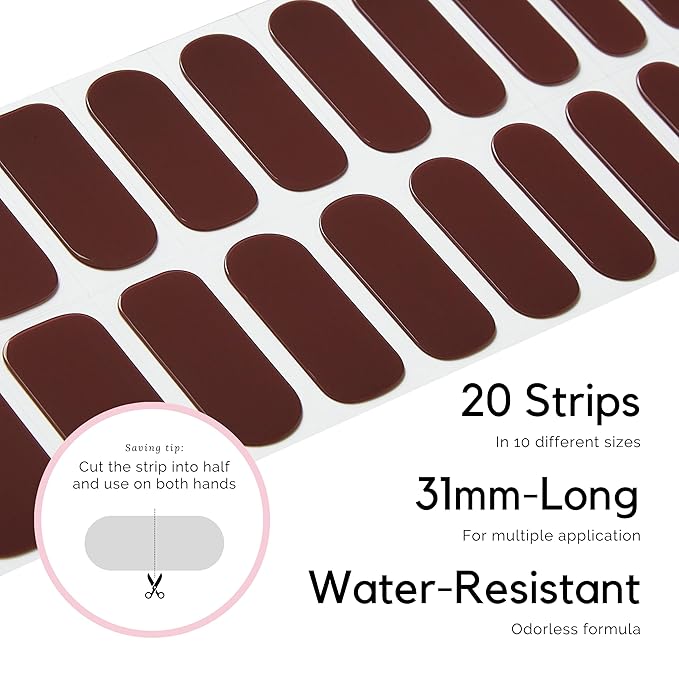 NAILOG Semi Cured Gel Strips - 20 Pcs Nail Stickers | Buy 2 Get 1 UV Light | Extra Long Wraps With Glossy Gel Finishing Reddish Brown, Plum