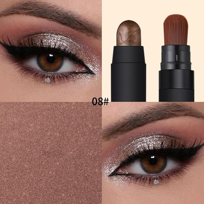 Shimmer Eyeshadow Stick –Mocha Taupe Dual-Ended Creamy Pearl Eye Shadow Pencil with Built-In Smudger, Waterproof Long-Lasting High Pigment Eye Makeup for Smooth Glide 08#