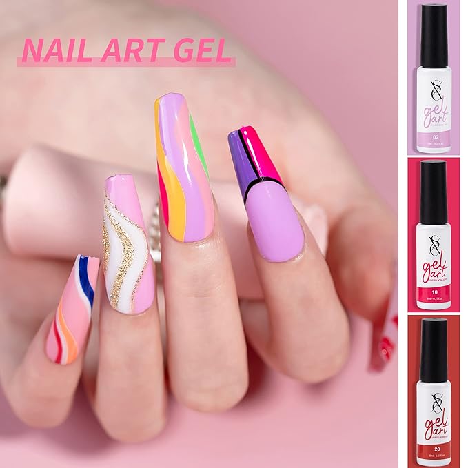 SXC Cosmetics 24-Color Gel Liner Set for Nail Art - With Built-in Thin Brush for Swirl Nail Designs and Soak-Off Gel Polish