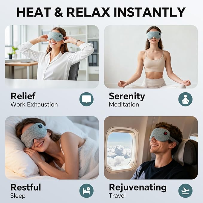Cordless Heated Eye Mask for Dry Eyes Relief, with 3 Heat Settings, Washable Eye Cover, Warm Heating Pad for Stye Eye Treatment & Travel Use