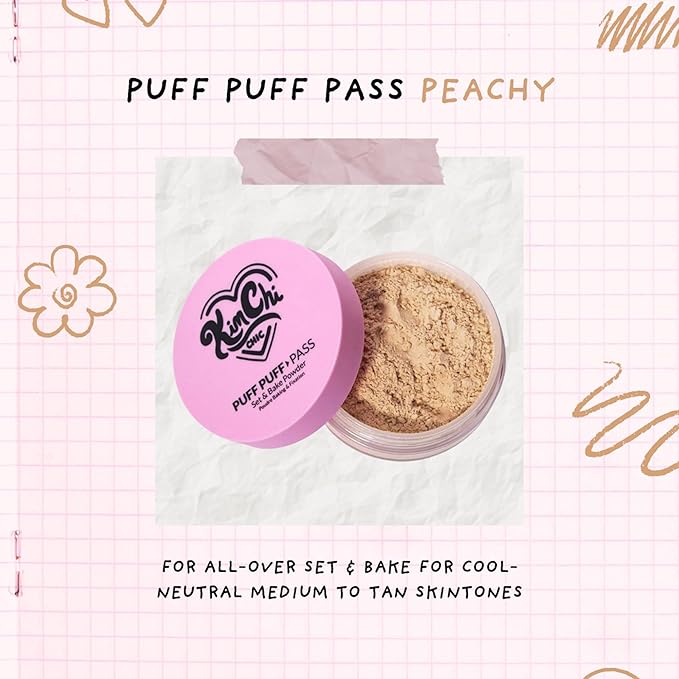 KimChiChic Beauty Puff Puff Pass Set and Bake Setting Powder for Makeup, Extra Fluffy Loose Face Powder Poof, Soft Natural Face Makeup for Uneven Skin Tone, 04 Peachy