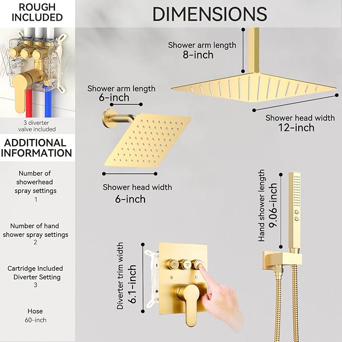 Shower Systems with Rain Shower and Handheld,STARBATH Dual Head 12+6" Rainfall Shower Can Run All Together, Ceiling Mount Shower Faucet Set with Pressure Balance Valve and Trim Kit, Brushed Gold