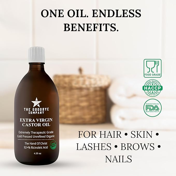 Goodbye Company USDA Organic Food Grade Cold-Pressed Castor Oil - 8.5 oz Glass Bottle, Hexane-Free, Extra Virgin, Small Batch Family Farm Ethically Sourced for Hair Growth, Digestion, Lashes, Brows