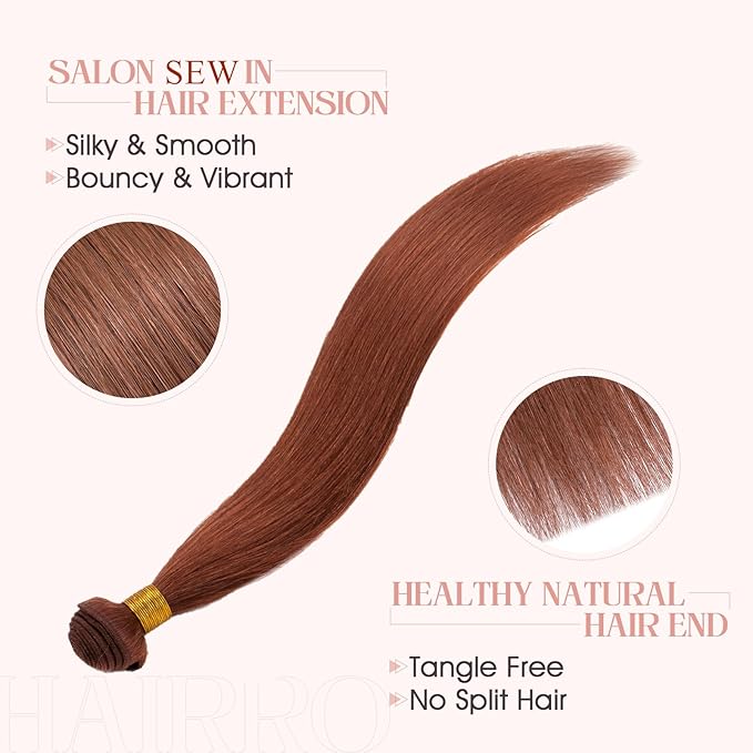 Hairro Sew in Hair Extensions Real Human Hair, 100g/bundle Weave Weft for Women Adding Volume and Length, for DIY Beauty Dating Party, 20 Inch One Bundle Straight Dark Auburn