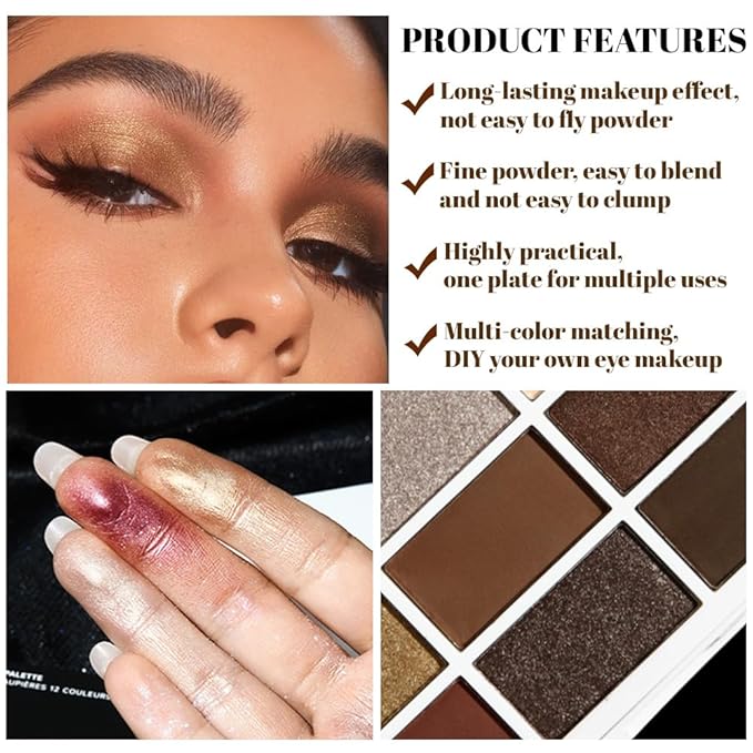 12 Colors Matte Shimmer Eyeshadow - Cool-toned Eyeshadow Palette, Long-Lasting Waterproof Crease-Proof Pigmented, Built-In Mirror, Vegan Cruelty-Free for Daily & Glam Makeup Looks 01#