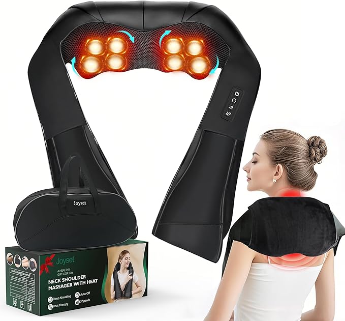Joyset Shiatsu Neck and Back Massager with Heat,Electric Shoulder Massager,3D Kneading Massage with Cloth Cover Easy to Clean Best Gift for Men Women Parents (Black1+Handbag)