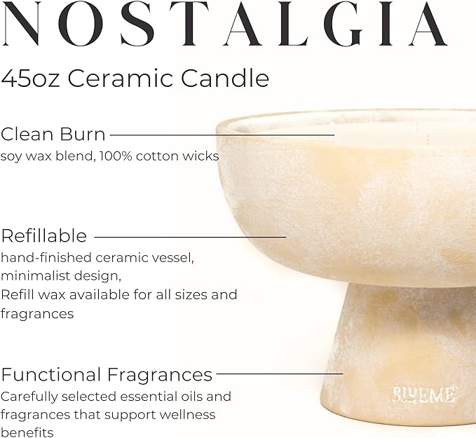 Blueme Nostalgia Candle | Bergamot & Musk | 6 Wick - Refillable Wellness Candle with Essential Oils, Hand Finished & Poured Soy Wax Blend Ceramic Vessel, Natural Cotton Wicks | Giant 45 oz