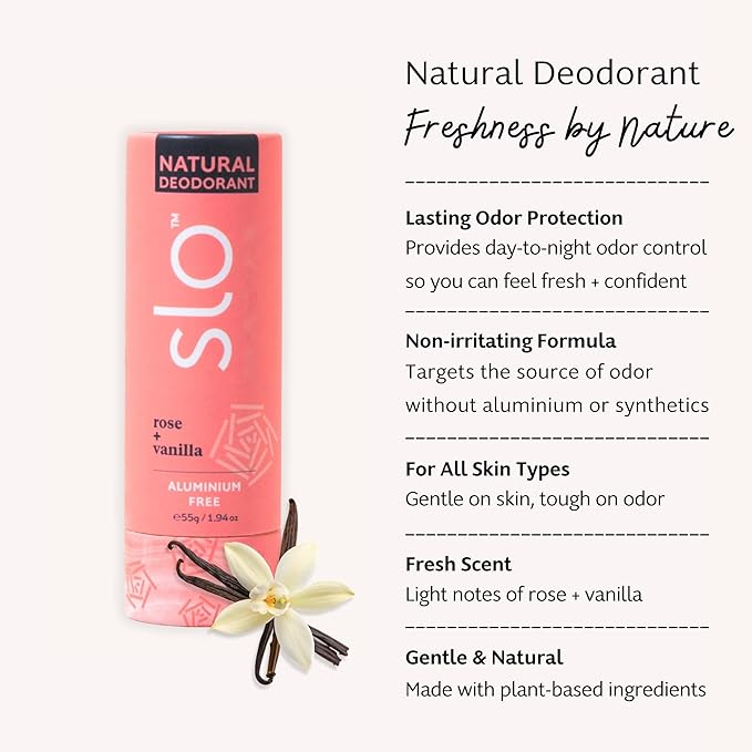 Slo | Natural Deodorant - All Natural Ingredients, Vegan & Cruelty Free, Paper Packaging | Rose + Vanilla, (1.94oz/55g)