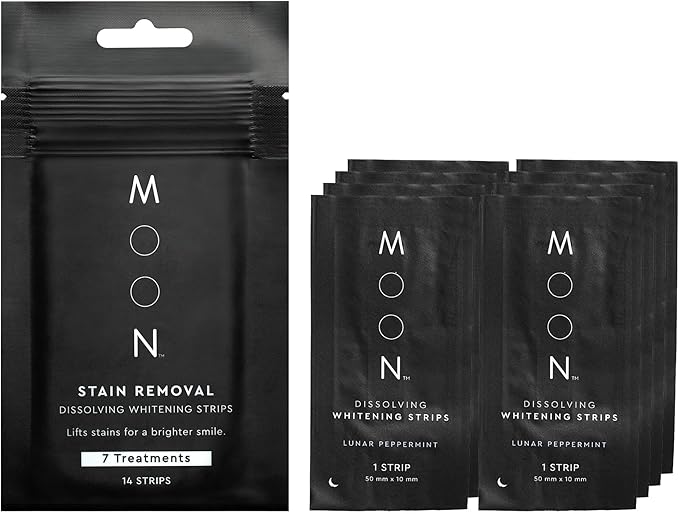 MOON Dissolving Teeth Whitening Strips, 14 No Rinse White Strips, Peppermint, Hydrogen Peroxide & Essential Oils, Whiten Sensitive Teeth up to 7 Shades in 2 Weeks, Travel Essentials, Vegan Oral Care