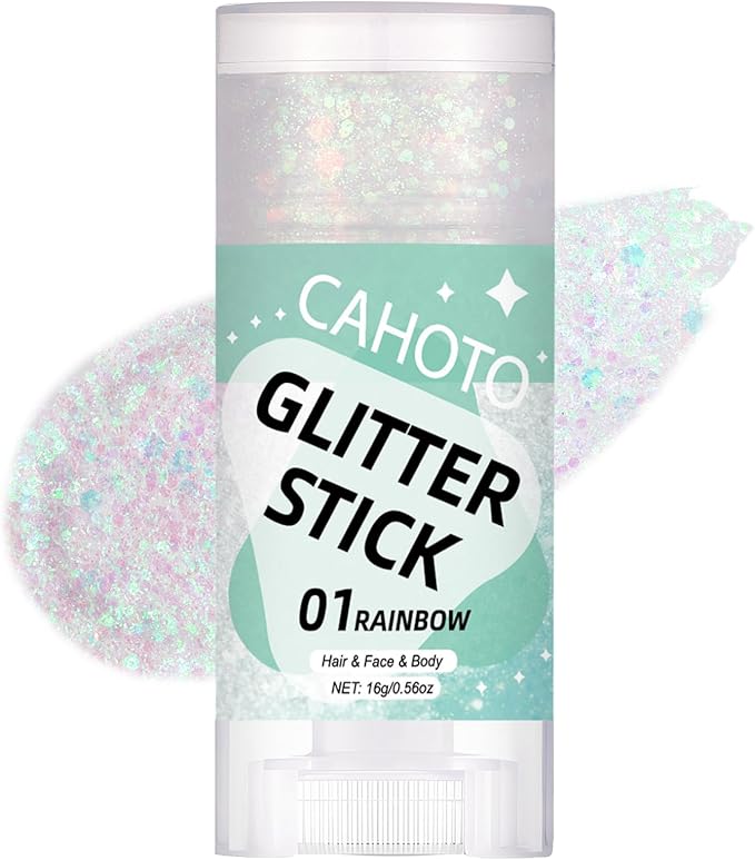 Rainbow Face Body & Hair Glitter Stick for Singer Concerts Outfit, Iridescent Glitter Gel for Women, Sparkling Holographic Chunky Sequins for Christmas Rave Festival Halloween Carnival, 0.56oz