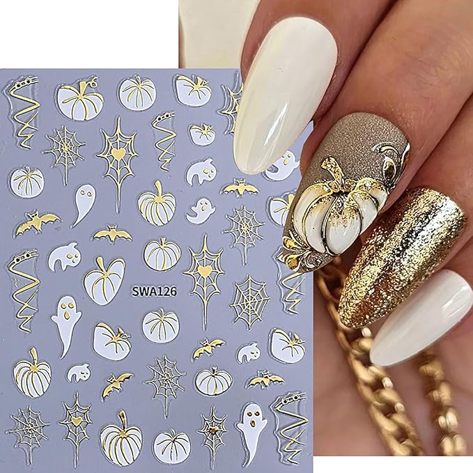 Halloween Pumpkin Ghost Nail Art Stickers Fall Maple Leaf Nail Decals Golden Fall Leaf Bat Spider Web Ghost 3D Self-Adhesive Nail Design Stickers for Women Holiday Manicure 8 Sheets