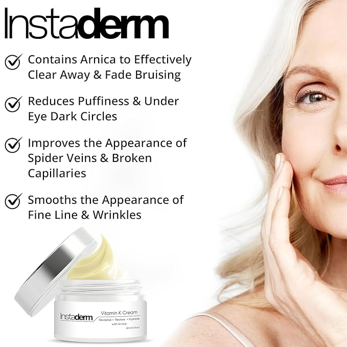 Instaderm Vitamin K Cream- Bruise Healing Formula with Arnica. Dark Spot Moisturizer for Bruising, Spider Veins & Broken Capillaries. Repair Under Eye Dark Circles, & Puffiness.