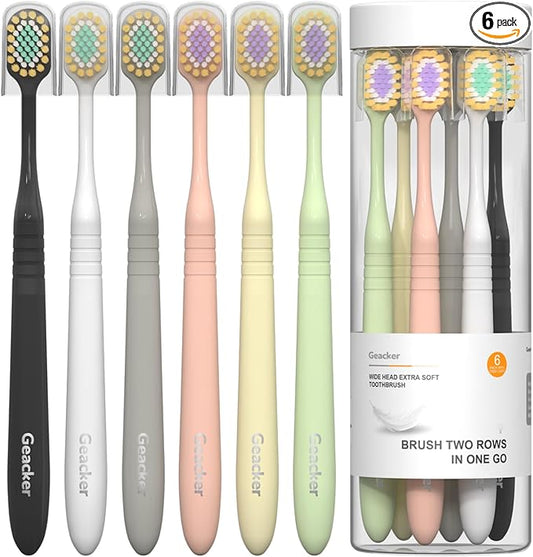 Extra Soft Toothbrush for Adults with Wide Head – Ultra Soft Nano Bristles, Gentle Manual Toothbrush with Cover for Sensitive Teeth and Gums, 6 Pack, Multi-Color, for Travel and Daily Use
