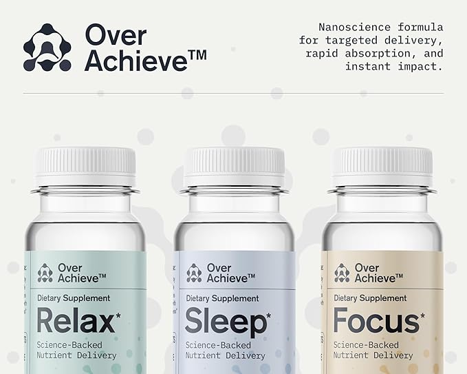Supplement Variety Pack with Advanced Nanoscience Technology, 12 Pack, Stress Calming Relax Drink, Sleep Aid Drink, Nootropic Brain Supplement Focus Drink, 2 oz Shot