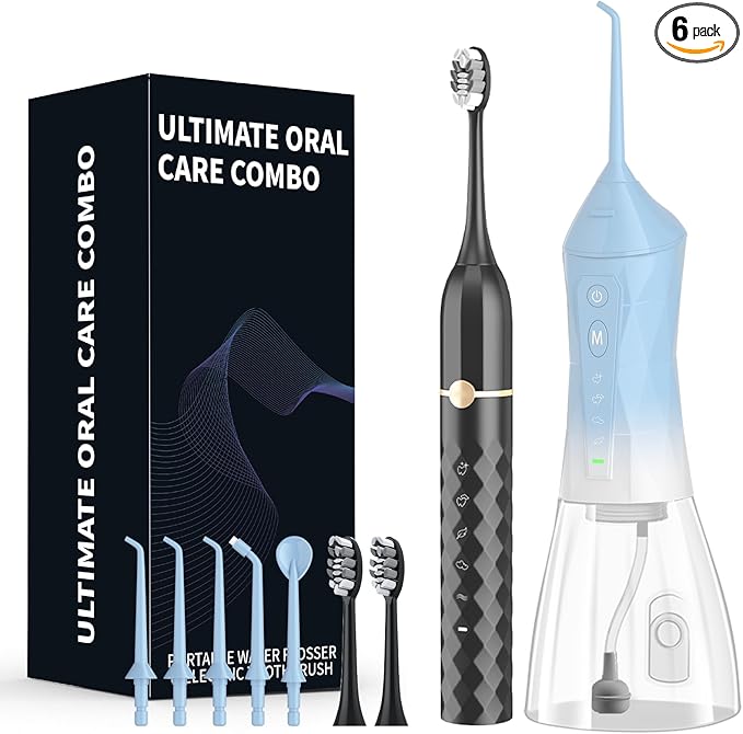 Water flosser+Electric Toothbrush Combination Set -5-Speed Sonic Electric Toothbrush, 4-Speed Portable Water flosser, Super Waterproof, a Great Gift for Friends (Blue)