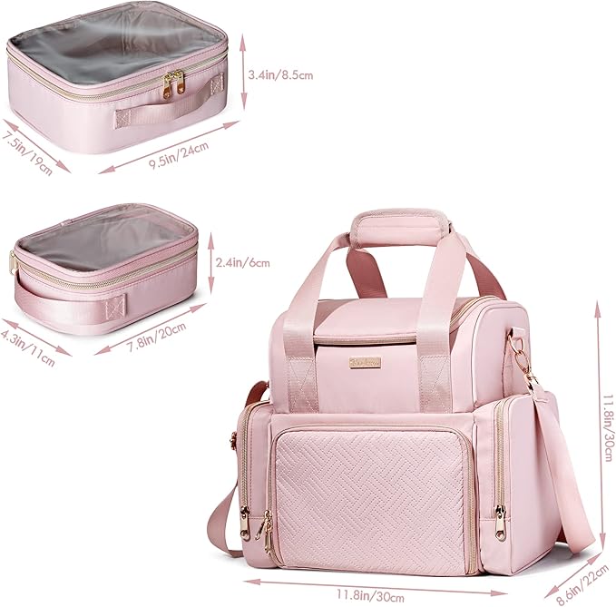 Prokva Large Makeup Cosmetic Bag with 3 Removable Case, Double Layer Travel Makeup Organizer Case with Inner Dividers and Makeup Brushes Storage Section, Pink (Patented Design)
