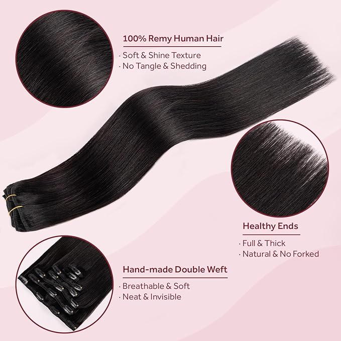 Clip in Hair Extensions Real Human Hair, Remy Hair Clip in Extensions Human Hair, Natural Black 100% Human Hair Extensions for Women #1B 24Inch 120G 7PCS