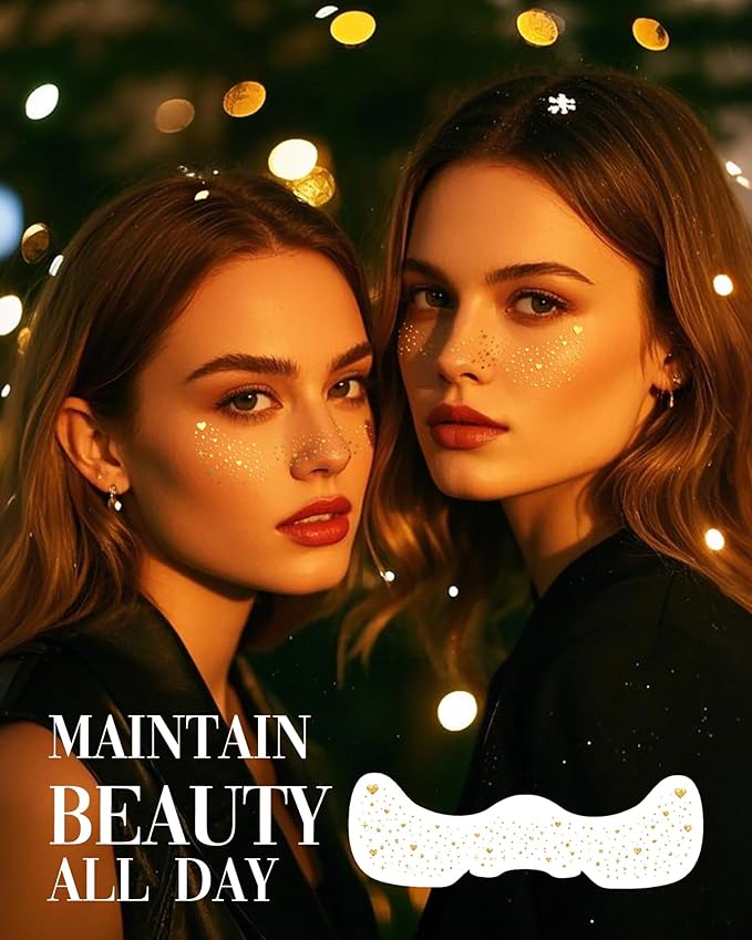 Glitter Freckles, Body Face Glitter for Women Girls, Waterproof Glow Up Singer Concerts Festival Rave Accessories (Gold - Hearted)