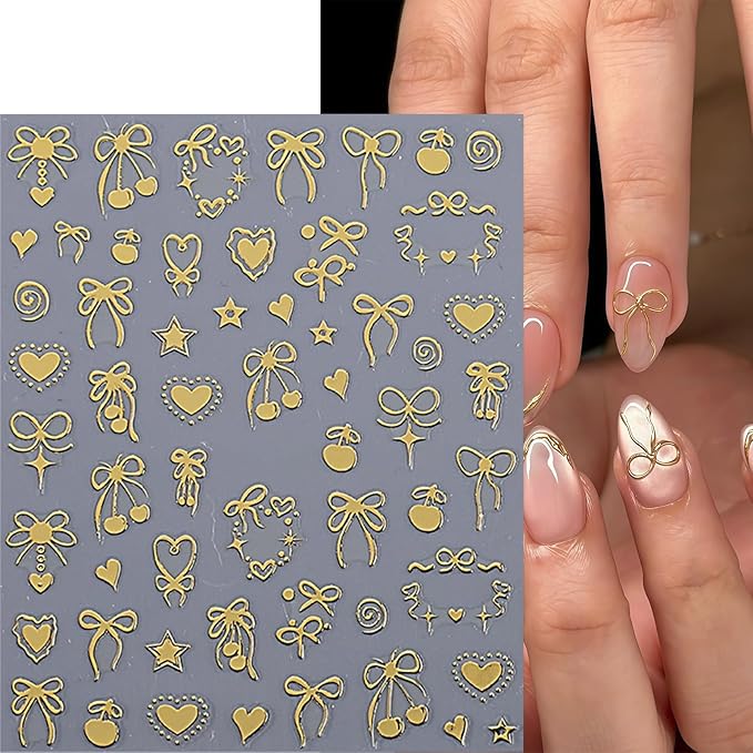 6 Sheets Heart Bow Tie Nail Art Stickers Decals 3D Self-Adhesive Bow Cherry Pegatinas Uñas Gold Pink Laser Hollow Heart Nail Supplies Y2K Star Heart Nail Art Design Decoration Accessories for Women