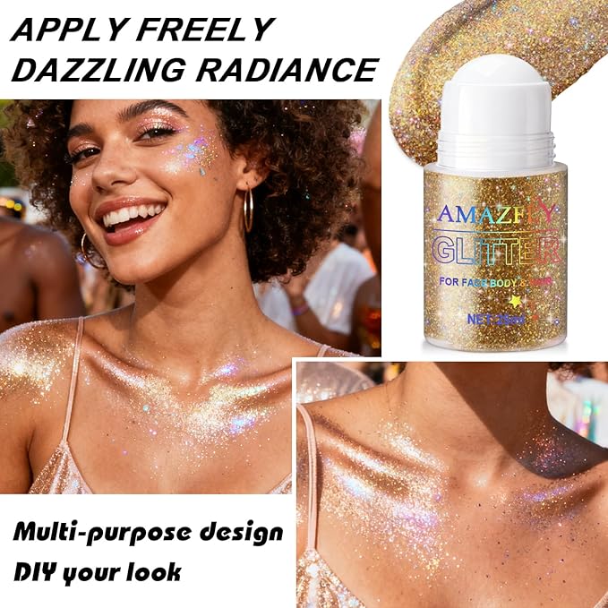 Roll-on Body Glitter Gel Holographic for Face and Hair,Body Glitter Gel Makeup for Kids Women,Body Shimmer Christmas Makeup for Rave Party.(Bronze Color)