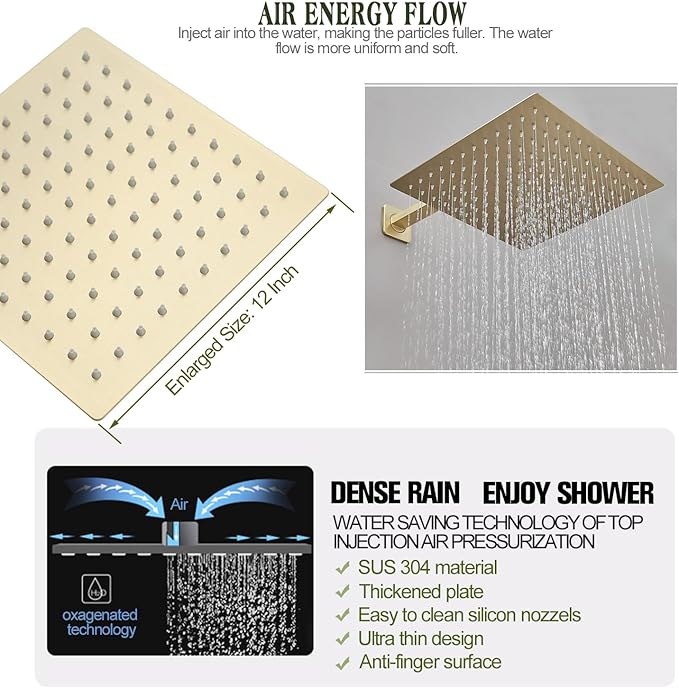 annazom Rain Shower System 12 Inch Ultra Large Shower Head High Pressure Brushed Gold Surface Dual Function Shower Vavle Trim Kit