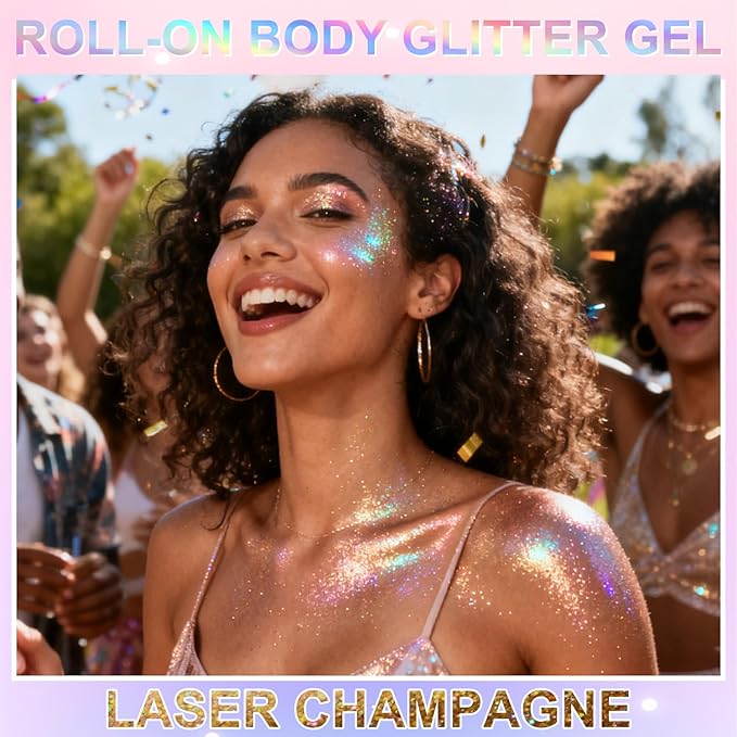 Roll-on Holographic Glitter Gel for Face & Hair, Sparkling Pink Shimmer Makeup, Color Changing Body Glitter for Festivals, Parties & Halloween, Chunky Mermaid Sequins Body Shimmer for Women(Champagne)