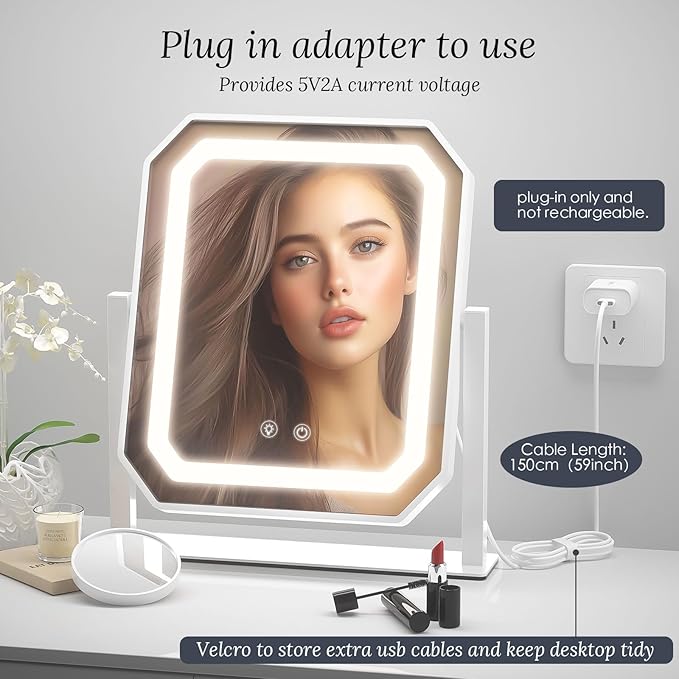 Lighted Makeup Mirror, 12"x10" Hollywood Vanity Mirror with Lights, Brightness Adjustable, Makeup Mirror with Lights,3 Colors, Smart Touch Control, Detachable 10X Magnification for Home/Gift