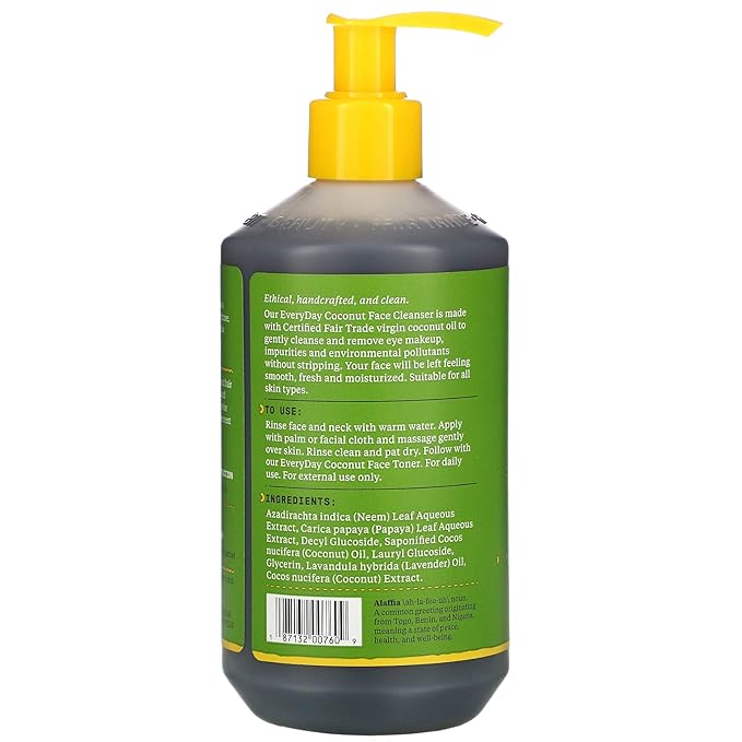 Alaffia Everyday Coconut Face Cleanser for All Skin Types. Leaves Skin Fresh and Hydrated with Fair Trade Coconut Oil & Neem, Vegan, Cruelty Free, No Parabens, Purely Coconut, 12 Fl Oz