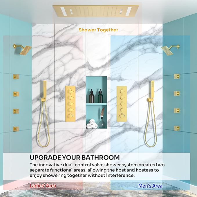 HOMEDEC Dual Shower System for Two, LED 14x20" & 6" Shower Heads, 4-Way Diverter Valves, Shower Faucet Set with Body Jets & Handheld, Brushed Gold