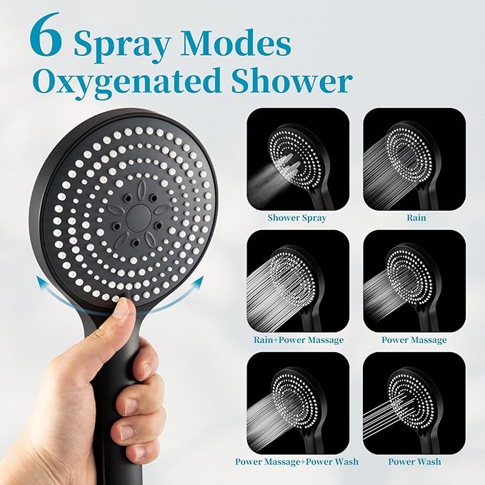 OFFO 6-Spray High Pressure Handheld Shower Head Combo with Adjustable 33 in Slide Bar and 60 in Stainless Steel Hose, Matte Black