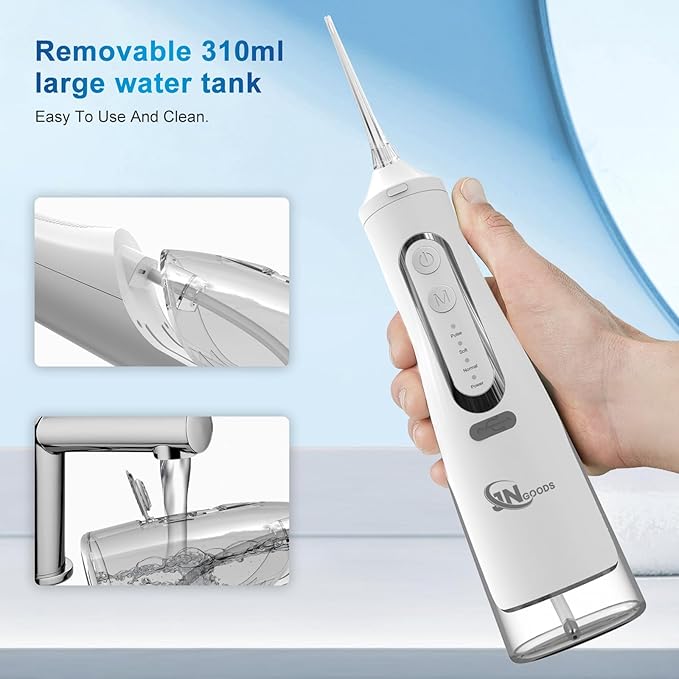 JNGOODS Cordless Water Dental Flosser Oral irrigator,JNGOODS 310ml Rechargeable Water flosser for Teeth IPX7 Waterproof 4 Modes Portable Oral Irrigator with 4 Jet Tips,Travel Home use (White)