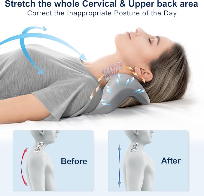 Neck and Shoulder Relaxer with Upper Back Massage Point, Cervical Traction Device Neck Stretcher for TMJ Pain Relief and Cervical Spine Alignment Chiropractic Pillow (Light Gray)