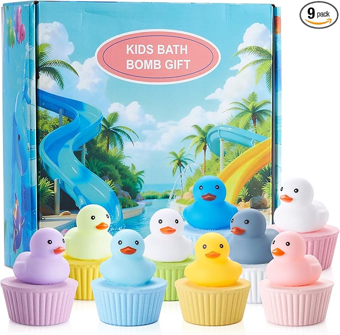 JET LAG 9PCS Cute Duck Bath Bombs for Kids, Handmade Fizzies Bathbombs for Women, Natural & Kids Friendly - Cupcake Gift Set for Birthday Christmas Easter Valentine's Day