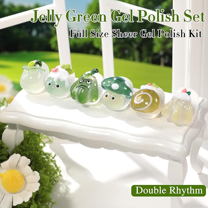 Double Rhythm 6 Pcs 15 ML Gel Polish Set Same Color Same Bottle Soak Off Gel Polish Kit Nail Art Manicure Salon DIY at Home for Women (Jelly Milky Light Green Olive Teal-T6-81)