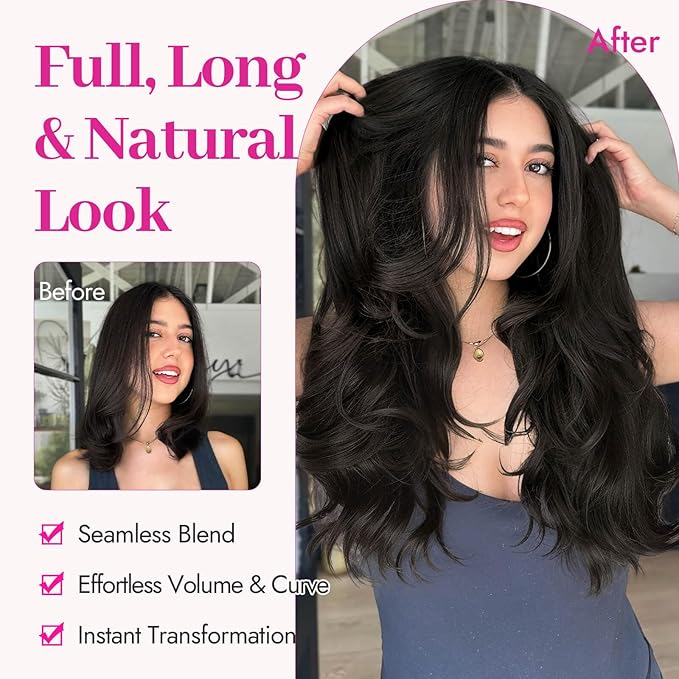 Kookastyle Clip in Hair Extensions, Natural Long Layered Soft Invisible Synthetic Curly Wavy Hairpieces for Women,4 pcs(20 Inch,Rich Dark Brown Silky Shine)