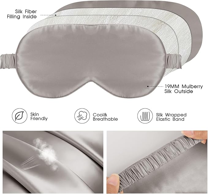 SILKTALE Silk Sleeping Mask for Travel/Plane/Side Sleeper Pure Mulberry Silk Eye Mask for Sleep/Men/Women/Adults Thin Cooling Eye Cover,Grey