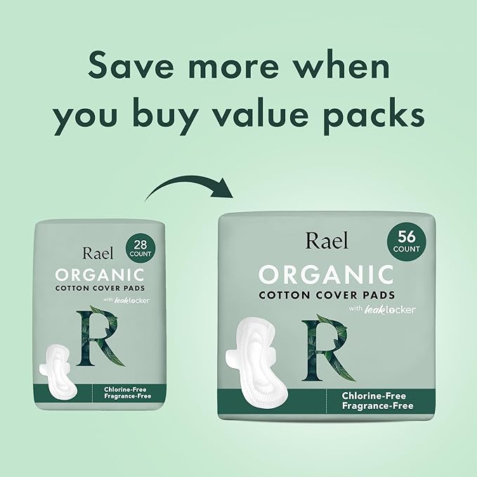 Rael Pads for Women, Organic Cotton Cover - Period Pad with Wings, Feminine Care, Sanitary Napkins, Light Absorbency, Unscented, Ultra Thin (Petite, 28 Count)