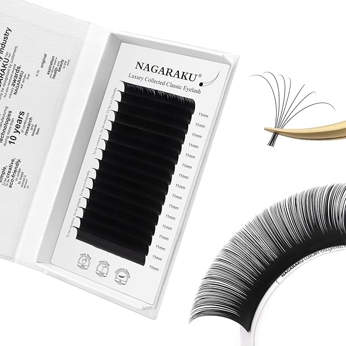 NAGARAKU Individual Eyelash Extensions, Luxury Collected Classic Single Lashes Upgraded 3rd Generation Soft Natural Beauty Salon Professional Lash Supplies 16 Rows Matte Black -0.10 C Curl 11mm