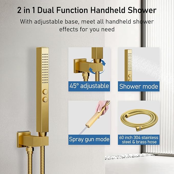 Shower Systems with Rain Shower and Handheld,STARBATH Dual Head 12+6" Rainfall Shower Can Run All Together, Ceiling Mount Shower Faucet Set with Pressure Balance Valve and Trim Kit, Brushed Gold