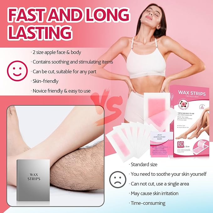 Wax Strips for Hair Removal, Wax Strips, Waxing Kit For Women Face, Body, Arms, Legs, Chest, Back, Bikini Wax Strips, Waxing Hair，Removeal Kit with 80PCS + 4 Calming Oil Wipes