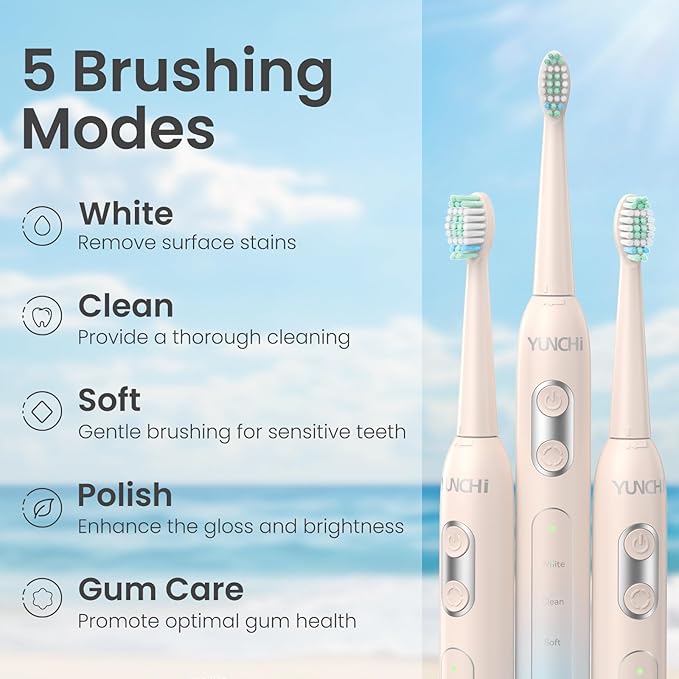 YUNCHI Electric Toothbrush Birthday/Valentine Plastic 8 Heads 24-Mo Deep Cleans Gentle Gums Removes Stains 3Hr USB-C 90d 2-Min Timer/30s IPX7 - Yellow Blue