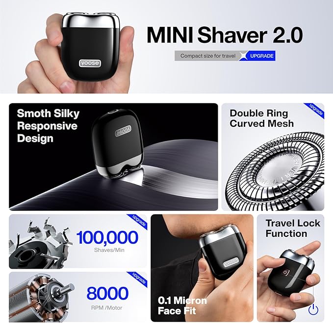 yoose Alloy Mini Shaver, Portable Electric Razor for Men, IPX7 Waterproof, Dry Shave, USB-C Rechargeable, Easy to Clean Magnetic Detachable Head, Cordless Electric Shaver, 60 Mins Runtime, Black